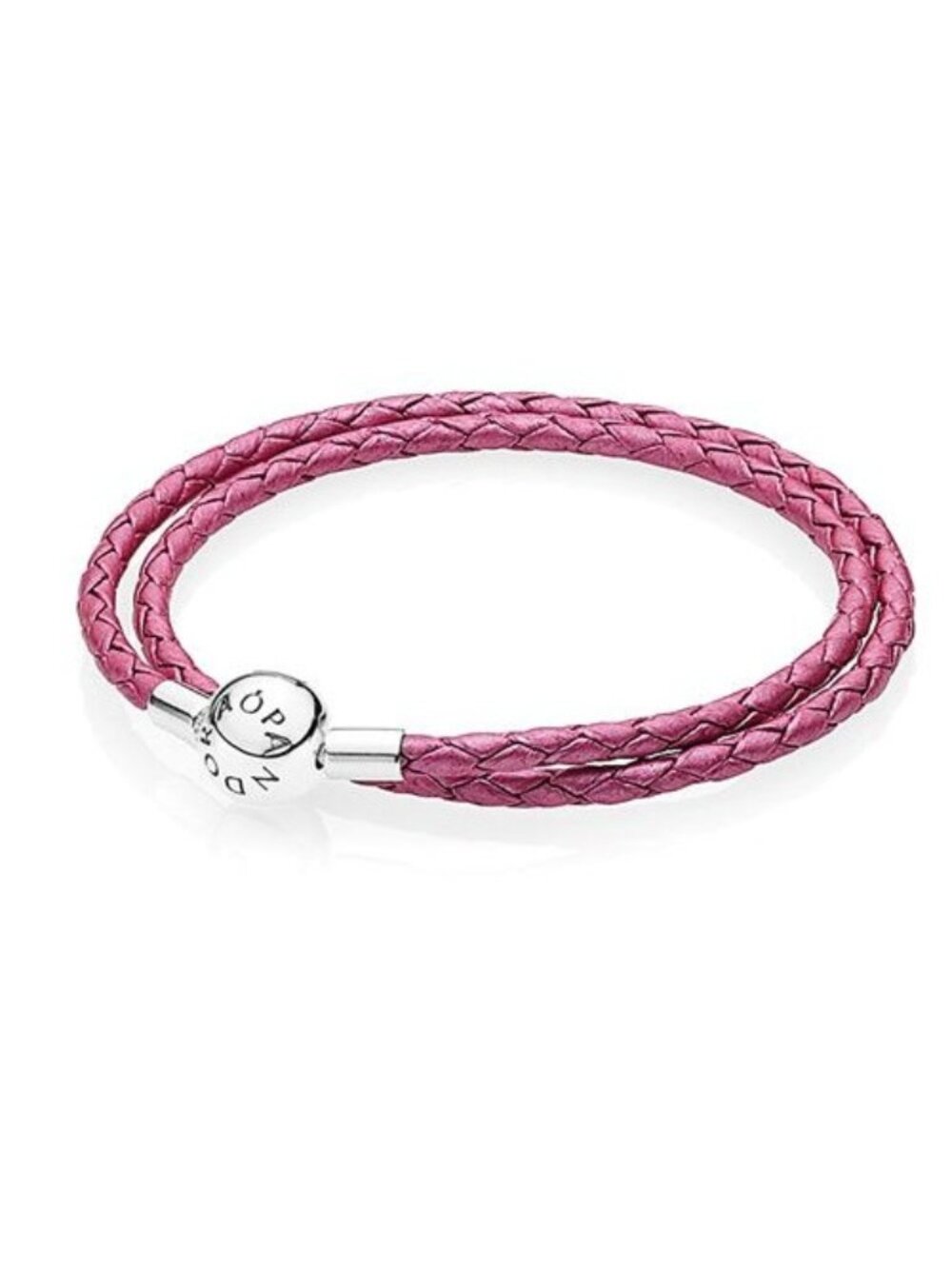 Pandora Sterling Silver Honeysuckle Pink Double Leather Bracelet with Round Pand
